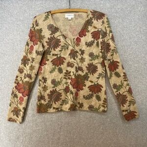 Charter Club 2 Ply Cashmere Size S Floral V Neck Pullover Sweater Fall Colors